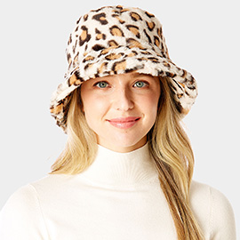 Leopard Patterned Faux Fur Bucket Hat