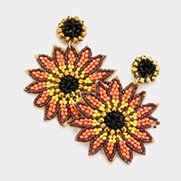 Felt Back Seed Beaded Sunflower Dangle Earrings