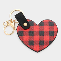 Buffalo Check Patterned Faux Leather Heart Keychain
