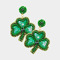 St. Patrick's Day Felt Back Sequin Beaded Shamrock Dangle Earrings