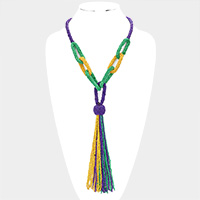 Mardi Gras Seed Bead Knot Fringe Long Necklace