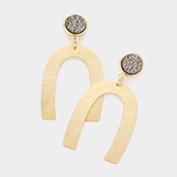 Round Druzy Scratched Metal Arch Link Dangle Earrings