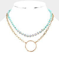 2PCS - Open Metal Circle Pendant Semi Precious Beaded Necklaces