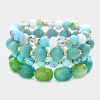 4PCS - Semi Precious Wood Faceted Beaded Stretch Bracelets