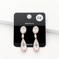CZ Oval Teardrop Link Dangle Evening Earrings