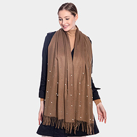 Pearl Embellished Solid Fringe Oblong Scarf