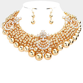Floral Stone Embellished Metal Ball Collar Necklace
