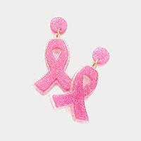 Glittered Resin Pink Ribbon Dangle Earrings