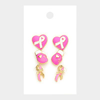 3Pairs - Pink Ribbon Heart Gloves Stud Earrings