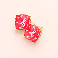 Pink Ribbon Printed Square Stud Earrings