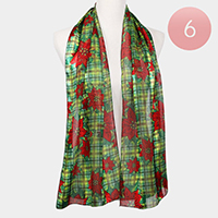 6PCS - Satin Striped Christmas Poinsettia Patterned Scarves