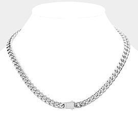 Stainless Steel CZ Embellished Metal Chain Link Necklace