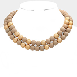 Brass Metal Wood Ball Double Layered Necklace