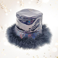 Faux Feather Trimmed Hologram Bucket Hat
