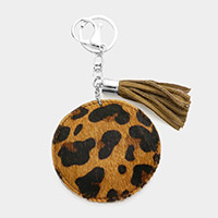 Leopard Patterned Genuine Fur Calf Round Tassel Keychain