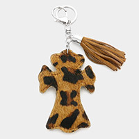 Leopard Patterned Genuine Fur Calf Cross Tassel Keychain