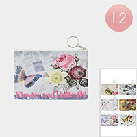 12PCS - Butterfly Flower Printed Coin Purse Keychains