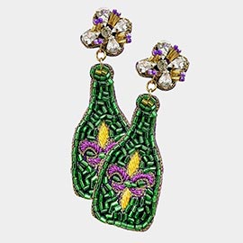 Mardi Gras Felt Back Beaded Fleur de Lis Pointed Champagne Dangle Earrings