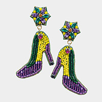 Mardi Gras Felt Back Stone Beaded Stiletto Heel Dangle Earrings