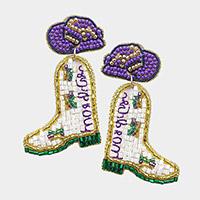Mardi Gras Felt Back Beaded Western Boots Dangle Earrings
