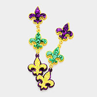 Mardi Gras Glittered Triple Fleur de Lis Link Dangle Earrings