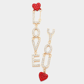 LOVE YOU Rhinestone Embellished Heart Message Mismatched Dangle Earrings