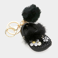 Studded Shoe Faux Fur Pom Pom Keychain