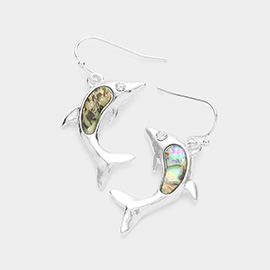 Stone Embellished Abalone Dolphin Dangle Earrings