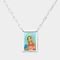 White Gold Dipped Brass Metal Virgin Mary Pendant Necklace