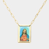 Gold Dipped Brass Metal Sacred Heart of Jesus Pendant Necklace