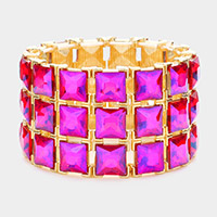 3Rows Square Stone Stretch Evening Bracelet