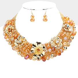Metal Flower Accented Beaded Collar Necklace