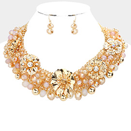 Metal Flower Accented Beaded Collar Necklace