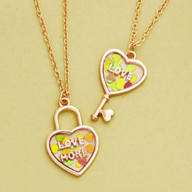 2PCS - Love & Love More BFF Heart Lock Key Necklace Set
