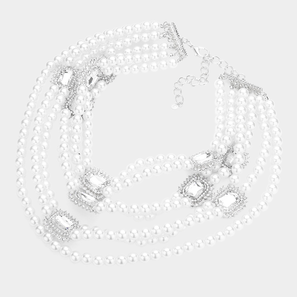 Stone Embellished Multi Layered Pearl Bib Necklace