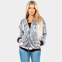 Reversible Sequin Zip Up Bomber Jacket