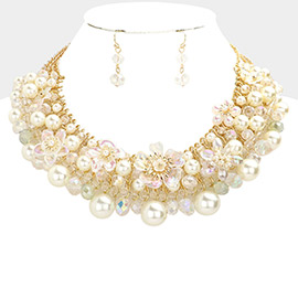 Flower Accented Pearl Bicone Beaded Necklace