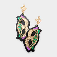 Mardi Gras Glittered Resin Fleur de Lis Mask Dangle Earrings