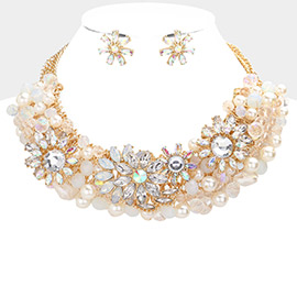 Multi Stone Flower Pearl Embellished Collar Necklace