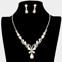 Teardrop Stone Butterfly Accented Rhinestone Necklace