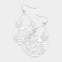 Cut Out Brass Metal Honey Bee Flower Accented Teardrop Dangle Earrings