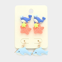 3Pairs - Polymer Clay Heart Whale Starfish Dolphin Earrings