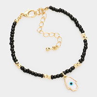Evil Eye Centered Hamsa Hand Charm Seed Beaded Bracelet