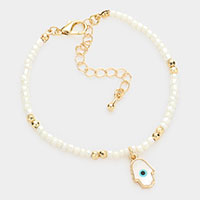 Evil Eye Centered Hamsa Hand Charm Seed Beaded Bracelet
