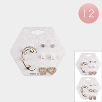 12Cards - Round Stone Pearl Heart Earrings / Metal Ear Cuffs Set