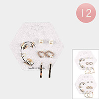 12Cards - Round Stone Pearl Heart Earrings / Metal Ear Cuffs Set