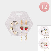 12Cards - Pineapple Strawberry Palm Tree Twisted Hoop Earrings / Metal Ear Cuffs Set