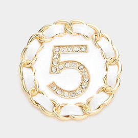 No. 5 Metal Chain Trimmed Round Pin Brooch