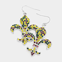 Mardi Gras Rhinestone Embellished Metal Fleur de Lis Dangle Earrings