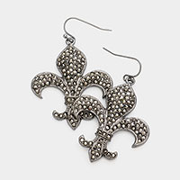 Rhinestone Embellished Metal Fleur de Lis Dangle Earrings